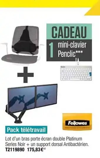 Plein ciel Pack Télétravail Lot D'un Bras Porte écran Double Platinum Series Noir + Un Support Dorsal Antibactérien Fellowes offre