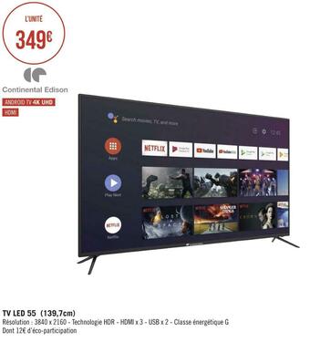 Géant Casino Continental edison tv led 55 (139,7cm) offre