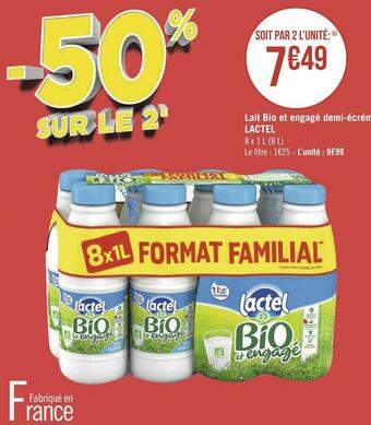 Géant Casino Lactel lait bio et engagé demi-écrémé offre