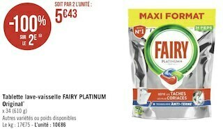 Géant Casino Fairy platinum tablette lave-vaisselle original* offre