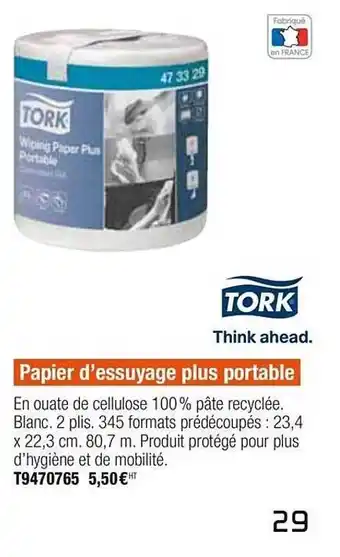 Plein ciel Papier D'essuyage Plus Portable Tork offre