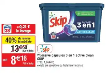 Cora x Carrefour Lessive capsules 3 en 1 active clean SKIP offre