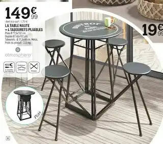 Centrakor La table haute + 4 tabourets pliables offre