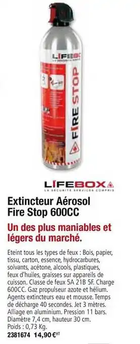 Extincteur Aérosol Fire Stop 600cc Lifebox