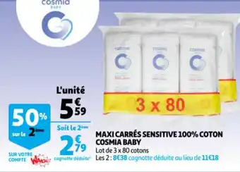 Auchan Maxi Carrés Sensitive 100% Coton Cosmia Baby offre