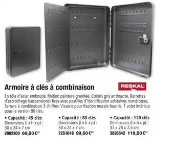 Plein ciel Armoire à Clés à Combinaison Reskal offre