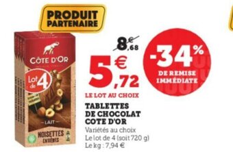 Super U Tablettes De Chocolat Cote D'Or offre