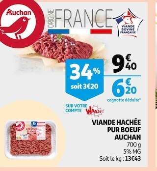 Auchan Auchan viande hachée pur boeuf offre