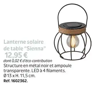 Jardiland Lanterne solaire de table “sienna” offre