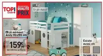 Conforama Lit Mi-haut Andy 90 X 190 Cm offre