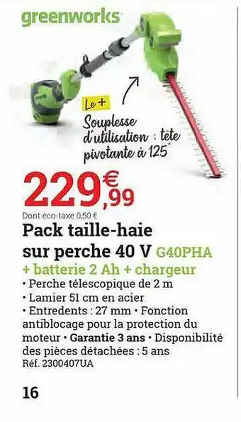 Espace emeraude Pack Taille-haie Sur Perche 40 V offre