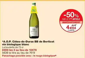Monoprix A.o.p. Côtes-de-duras Bb De Berticot Vin Biologique Blanc offre