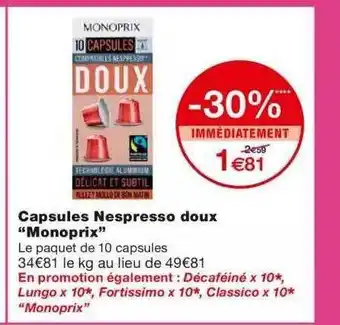 Monoprix Capsules Nespresso Doux offre
