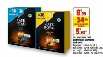 Coccinelle Supermarché 36 Capsules De Café Compatibles Nespresso Café Royal offre