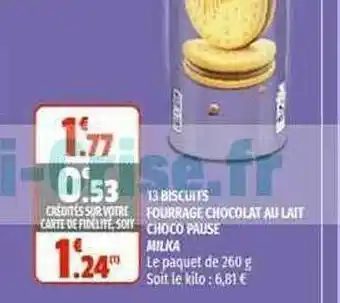 Coccinelle Supermarché 13 Biscuits Fourrage Chocolat Au Lait Choco Pause Milka offre