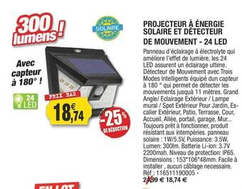 Outiror Projecteur à énergie Solaire Et Détecteur De Mouvement - 24 Led offre