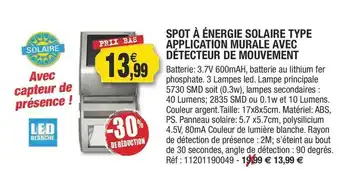 Outiror Spot à énergie Solaire Type Application Murale Avec Détecteur De Mouvement offre