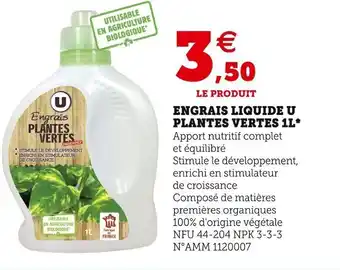 Super U Engrais Liquide U Plantes Vertes 1L offre