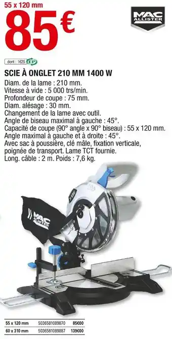 Brico Dépôt Mac allister scie à onglet 210 mm 1400 w offre