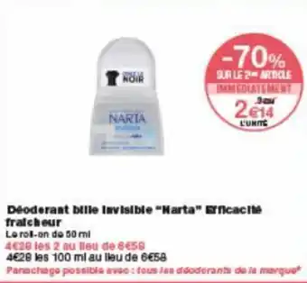 Monoprix Déodorant bille luvisible "narta" efficacillé fraîcheur offre