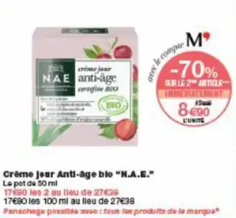 Monoprix Crème jour anti-âge bio "N.A.E." offre