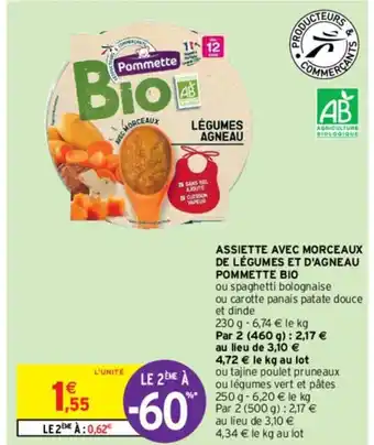 Intermarché Express Assiette avec morceaux de légumes et d'agneau Pommette Bio offre