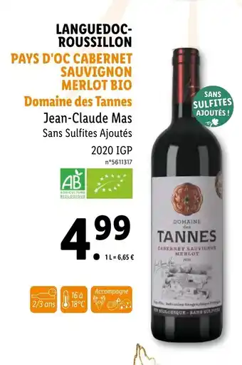 Lidl Pays d'Oc Cabernet Sauvignon Merlot Bio Domaine des Tannes offre