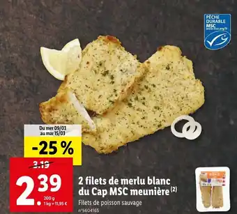 Lidl 2 filets de merlu blanc du Cap MSC meunière offre