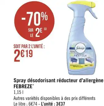 Géant Casino Febreze spray désodorisant réducteur d’allergène * offre
