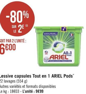 Géant Casino Ariel lessive capsules tout en 1 pods* offre
