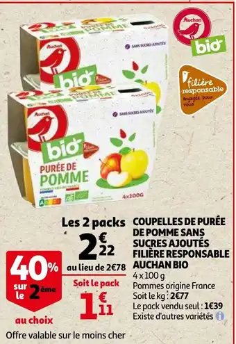 Auchan Coupelles de purée de pomme sans sucres ajoutés offre
