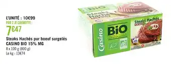 Géant Casino Steaks hachés pur boeuf surgelés CASINO BIO 15% MG offre