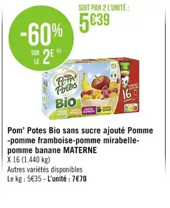 Géant Casino Pom'Potes Bio Sans Sucre Ajouté Pomme offre