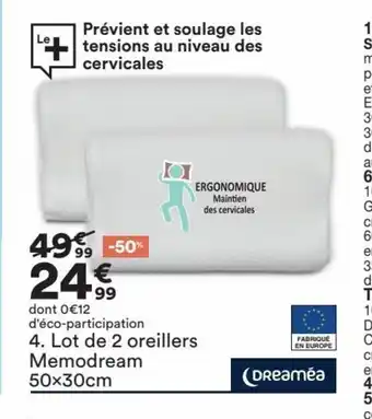 BUT Lot De 2 Oreillers Memodream 50x30 cm offre