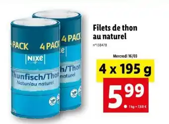 Lidl Filets de thon au naturel offre