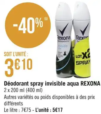 Géant Casino Rexona déodorant spray invisible aqua offre