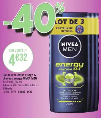 Géant Casino Nivea men gel douche corps visage & cheveux energy offre