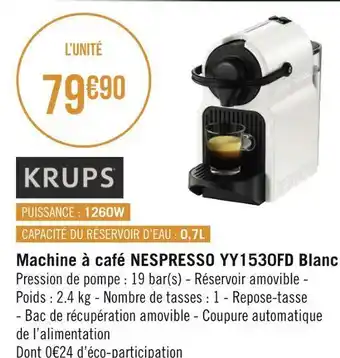 Géant Casino Krups machine à café nespresso yy1530fd blanc offre