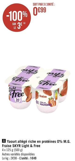Géant Casino Skyr yaourt allégé riche en protéines 0% m.g.fraise light & free offre