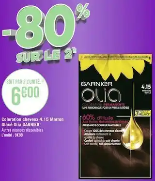 Géant Casino Garnier coloration cheveux 4.15 marron glacé olia* offre