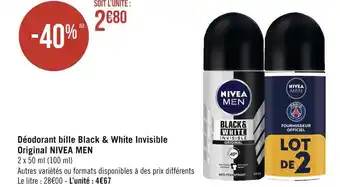 Géant Casino Nivea men déodorant bille black & white invisible original offre