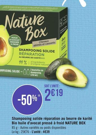 Géant Casino Nature box shampooing solide réparation au beurre de karité bio huile d'avocat pressé à froid offre