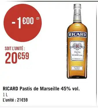 Spar Ricard Pastis de Marseille 45% vol. offre