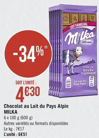 Casino Supermarchés Chocolat au Lait du Pays Alpin Extra Gourmand offre