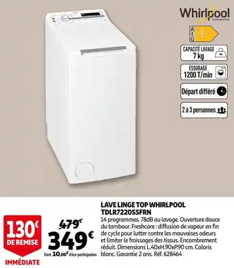 Auchan Whirlpool lave linge top tdlr7220ssfrn offre