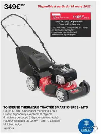 Costco Tondeuse Thermique Tractée Smart 53 Spbs - Mtd offre