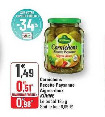 G20 Cornichons Recette Paysanne Aigres-doux Kühne offre