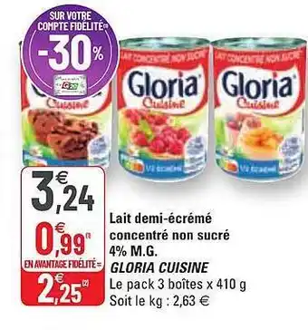 G20 Lait Demi-écrémé Concentré Non Sucré 4% M.g. Gloria Cuisine offre