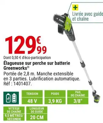 Gamm vert Greenworks élagueuse sur perche sur batterie offre