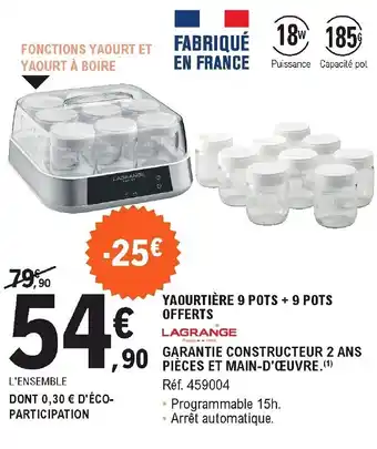 E.Leclerc Yaourtière 9 Pots + 9 Pots Offerts offre